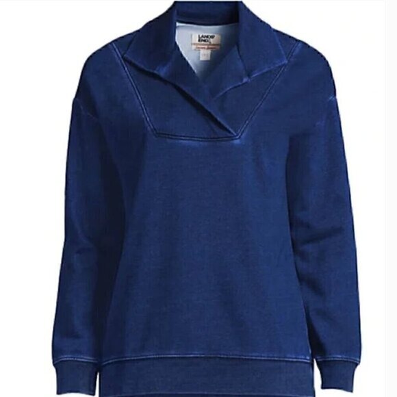 LANDS' END Serious Sweats Long Sleeve Collared Pullover Blue Chambray Sweatshirt - Picture 1 of 13